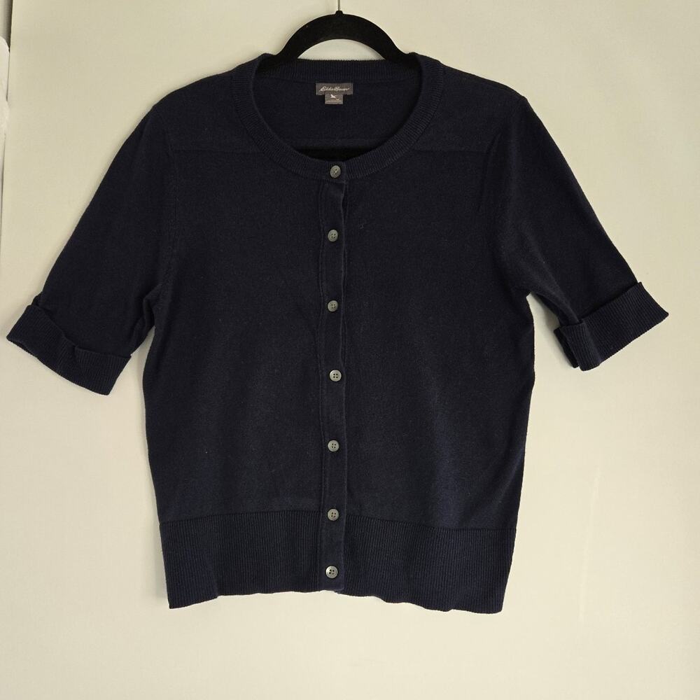Eddie Bauer Women’s Navy Blue Short Sleeve Button Front Cardigan Sweater Size M
